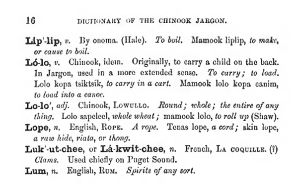a Chinook Trade Jargon dictionary entry described elsewhere on this page
