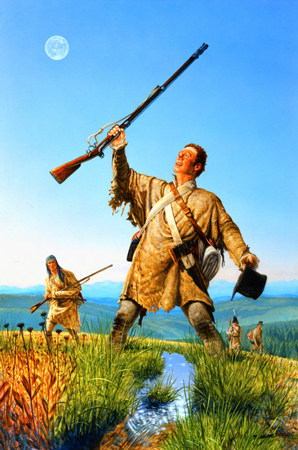 A sunburned man in buckskins holds a musket above his head