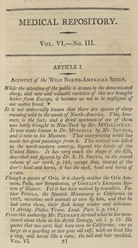 Title page: Medical Repository, Vol. VI.—No. III.