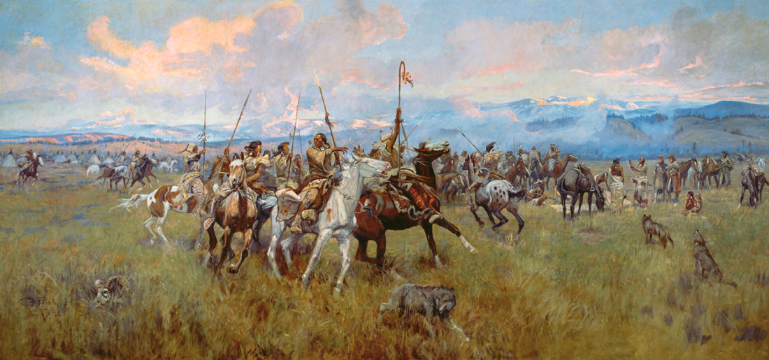Meeting the Salish at Ross' Hole: a painting showing Indians on horses surrounding the Expedition men