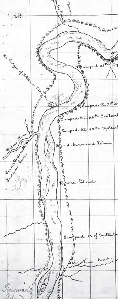 Hand drawn map of river with campsites labeled