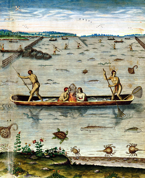Historic painting of Indians fishing