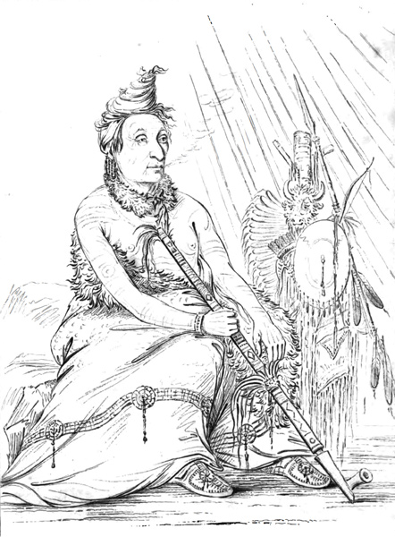 Painting of an old Indian wrapped in a decorated buffalo robe