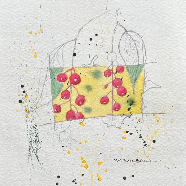 watercolor interpretation of ripe chokecherries hanging on the branch by Wayne Wilson
