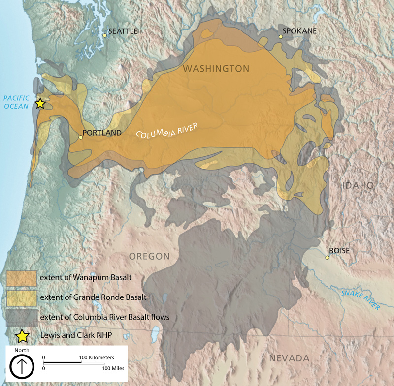 Basalt covering most of Eastern WA and OR, Western ID, and along the Columbia River to the Pacific Ocean