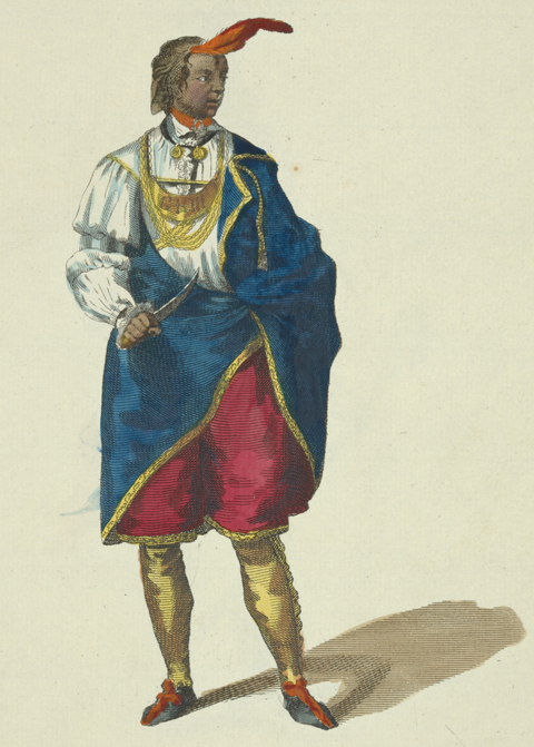 American indian wearing blue and scarlet clothes, 2 peace medals, and a British gorget