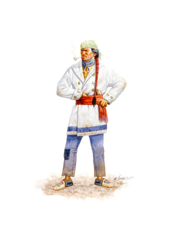 painting of an engage with long braid, pipe, and wool coat