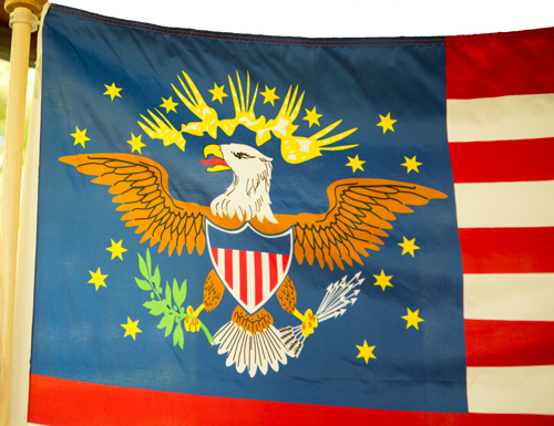 A bald eagle clutching arrows and an olive branch is surrounded by 15 stars