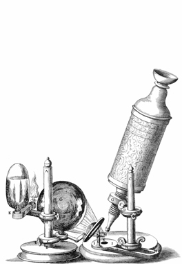 Hooke's microscope: A crude looking syrange using mirrors to illuminate the specimen