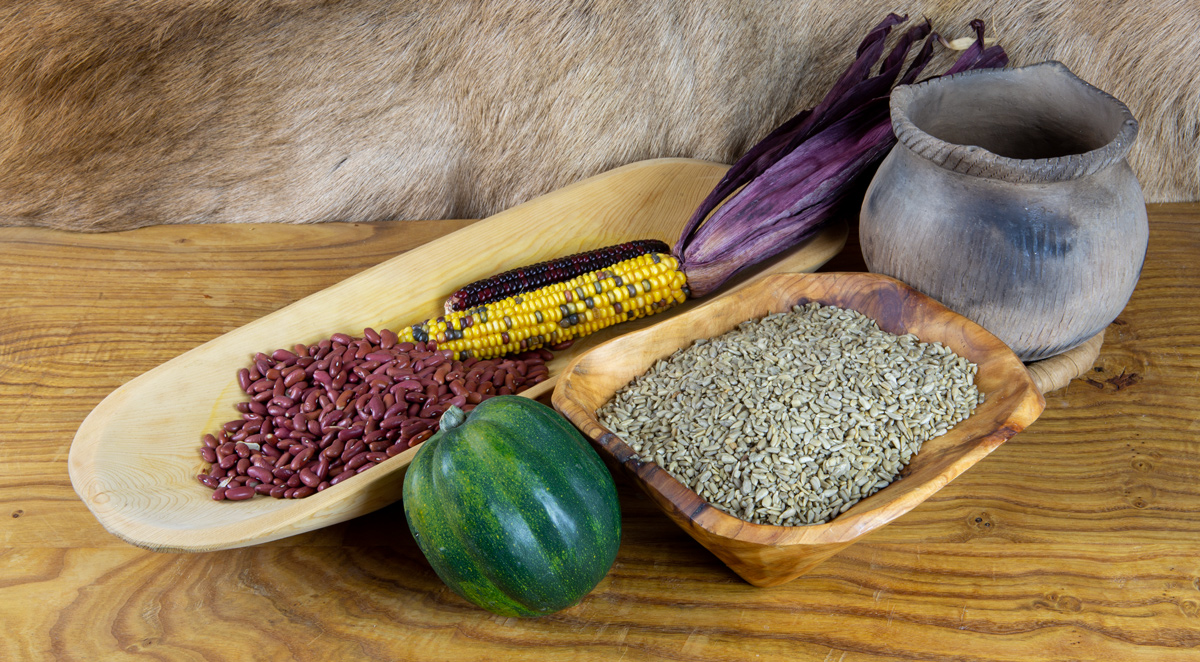 A display of the four sisters: corn, beans, squash, and sunflower seeds