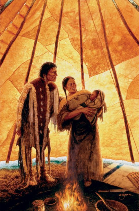 Sacajawea proudly showing her baby to her brother