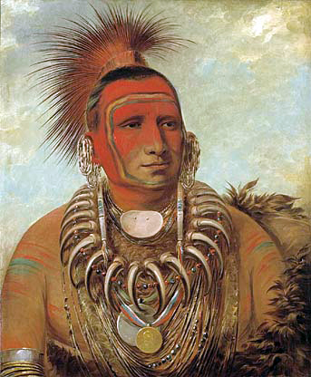 Historic painting of an Indian wearing a bear claw necklace