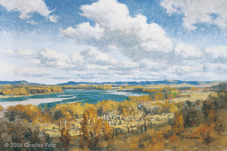 Painting of crumbling earth lodges