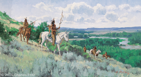 Indians on horseback look over the Yellowstone River