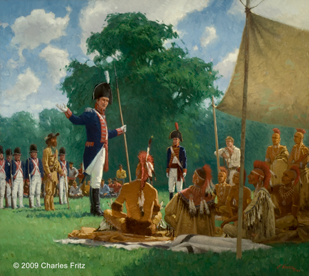The Indians sit under a tarp and the soldiers in the sun in full dress uniforms
