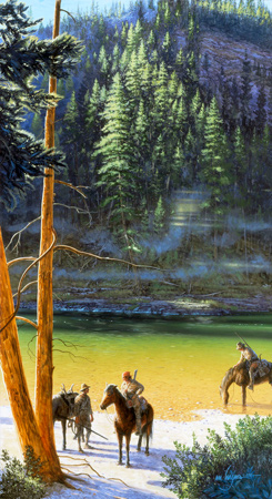 Horses cross a mountain river