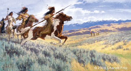 Mounted warriors flee from Lewis who holds a flag