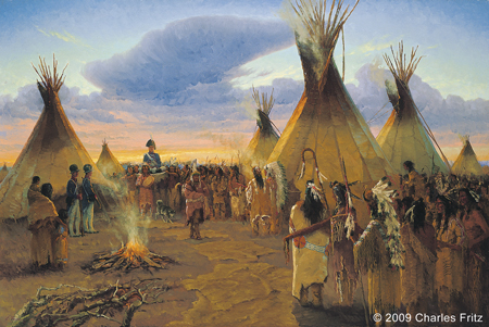 Lewis is carried into the Indian camp sitting on buffalo robe