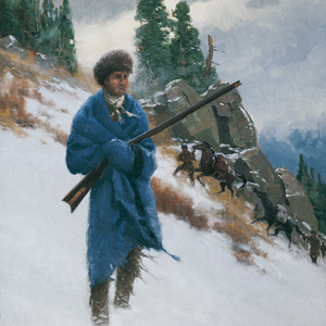 painting of a blanket-wrapped soldier in mountain snows