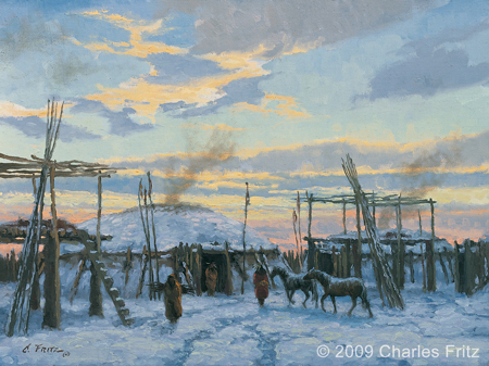 Bleak and frigid Mandan earth-lodge village