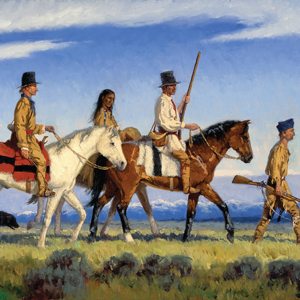 York leads a horse, Sacagawea and the Captains ride