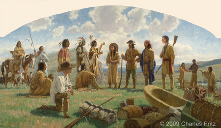painting of Shoshones talking to the captains via Sacagawea and Labiche