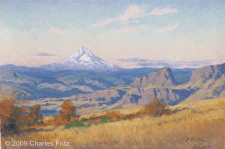 Painting of a mountain large behind a barren landscape