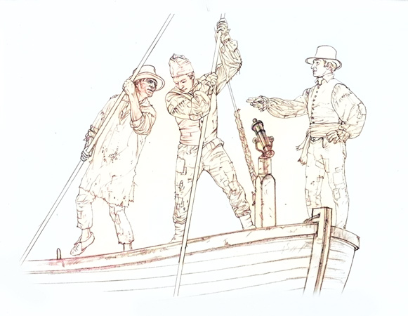 Ink sketch of two men poling a keelboat