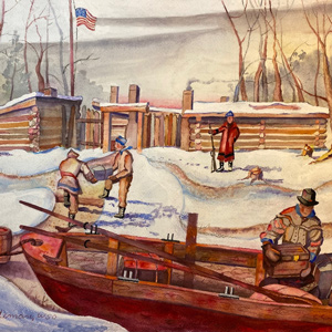 The red pirogue is loaded on a snowy day at Wood River
