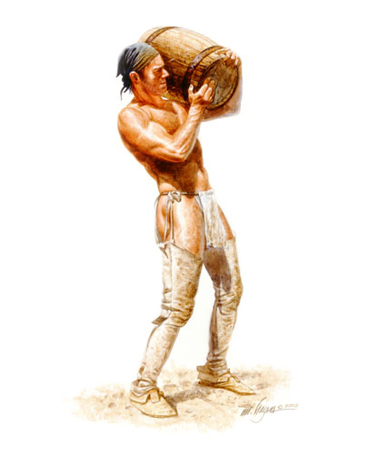 Half-naked strapping young man carrying a keg