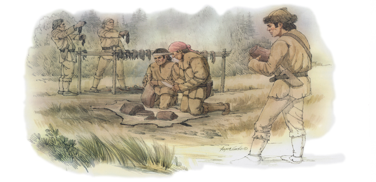 Enlisted men cut meat into thin slices and hang on scaffolds over a fire