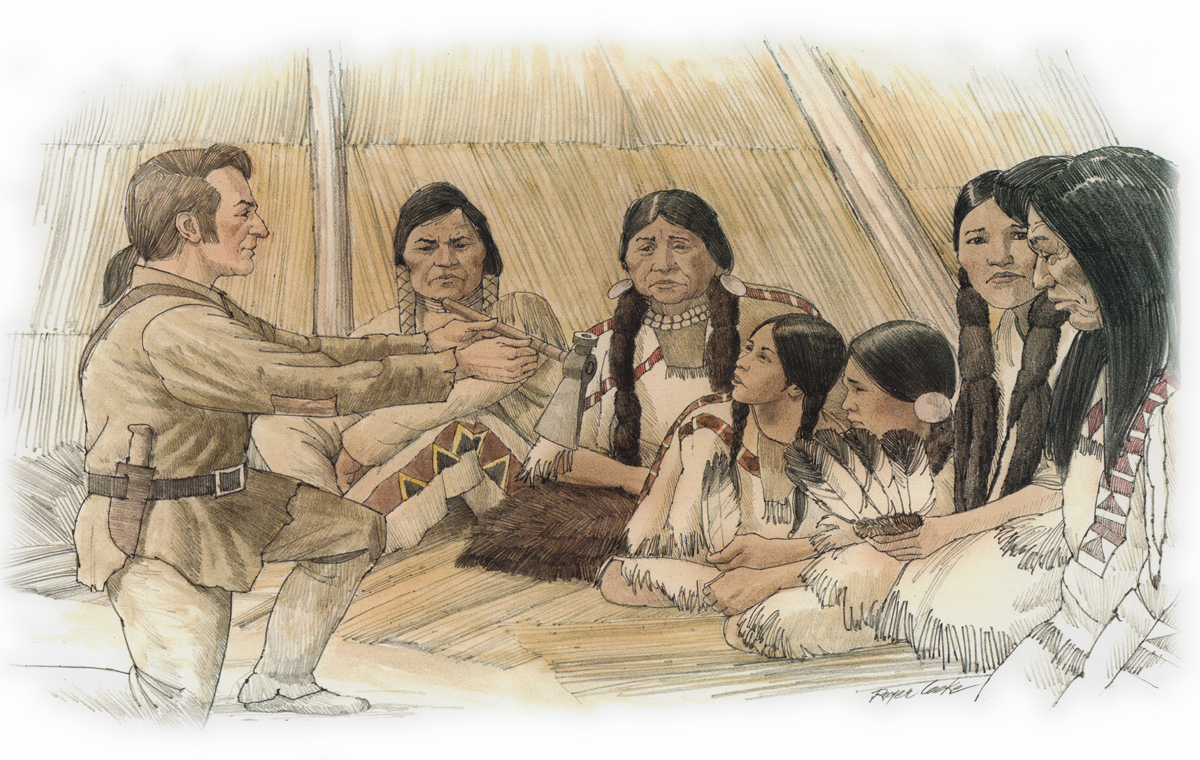 Clark offers a pipe to some Umatillas who look afraid