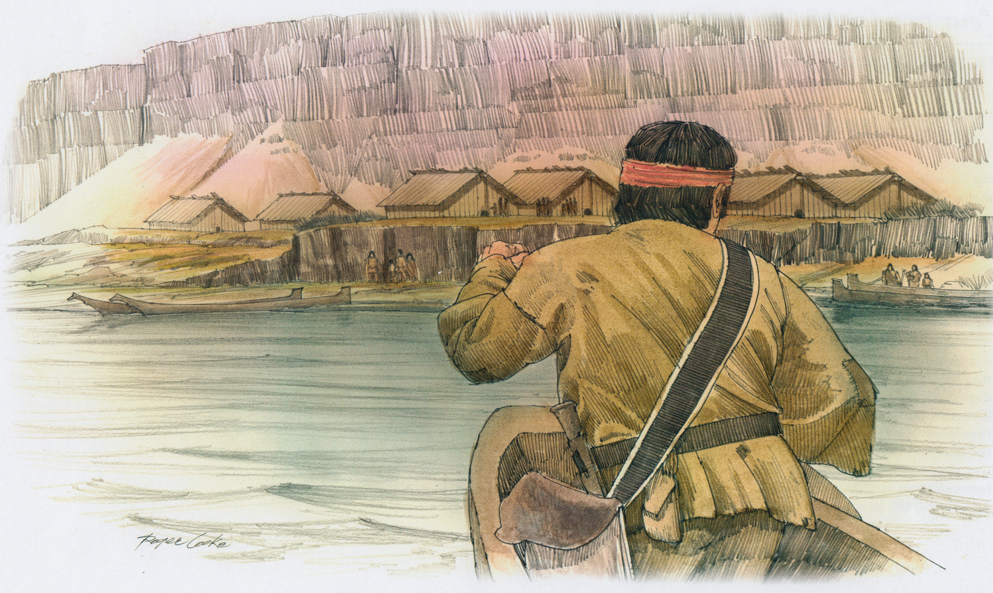 A canoe passes large Chinookan lodges on the Columbia River