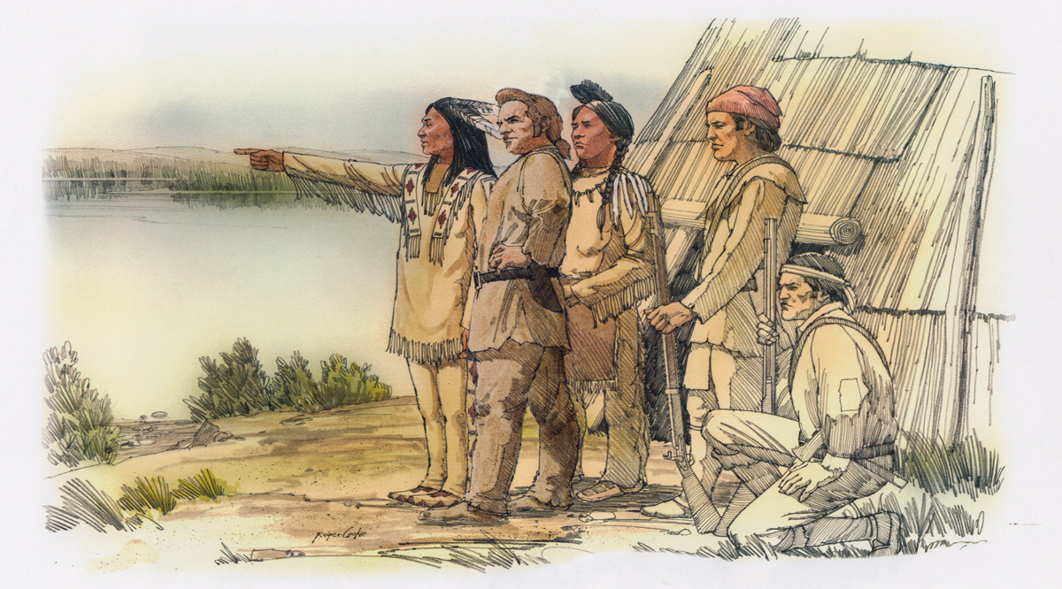 From an island on the Columbia, Indians show William Clark where the mouth of the Yakima River is