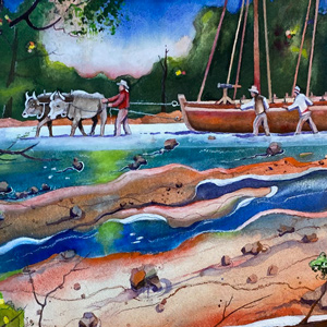watercolor painting of oxen and men pulling the barge through a shallow Ohio River