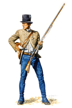 1803 soldier in blue pants and tan coat