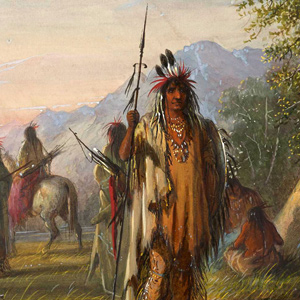 Watercolor of a Shoshone warrior standing if front of an encampment