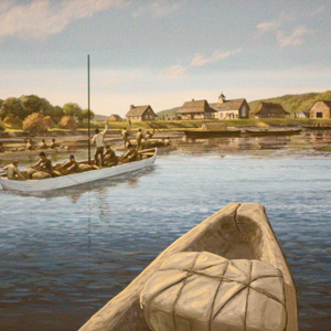 The white pirogue ad dugout canoes arrive at the French village of St. Charles.