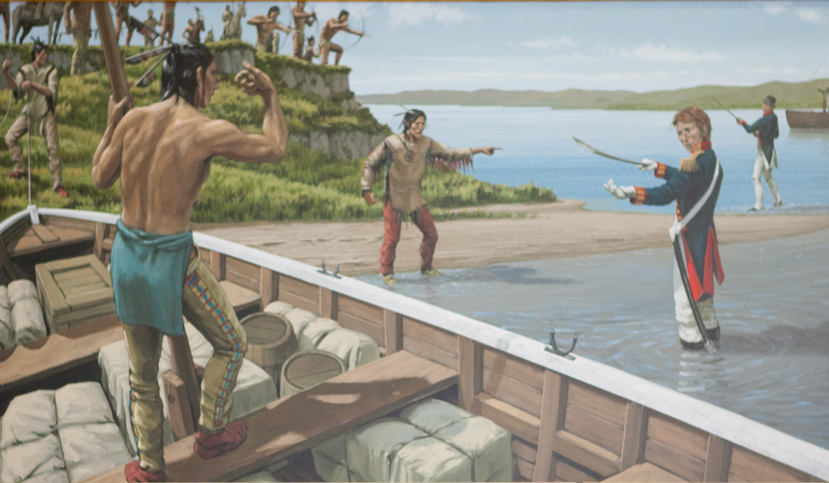 Clark draws a sword while soldiers and Indians draw their arms