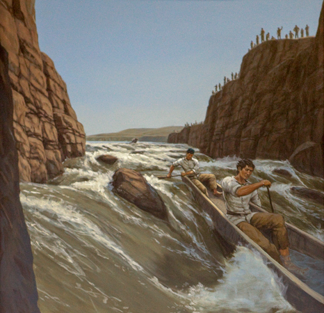 Painting of two men paddling a dugout canoe down the rapids