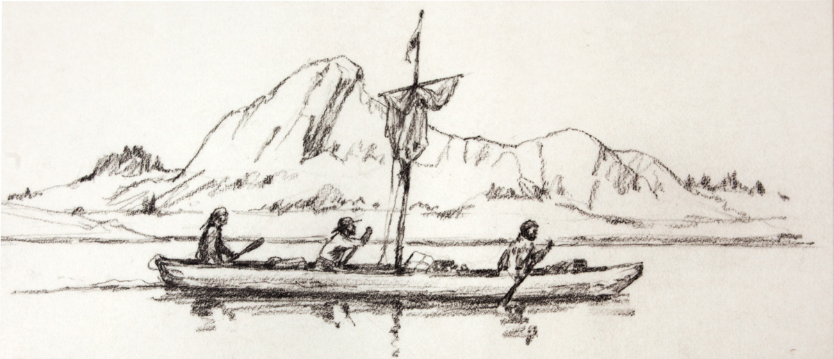 Three men in a dugout canoe