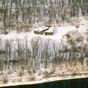 Fort Mandan surrounded by snow and ice
