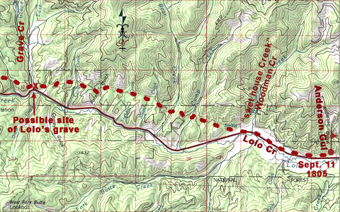 modern topographic map showing the Expedition route above Travelers' Rest Creek (Lolo Creek)