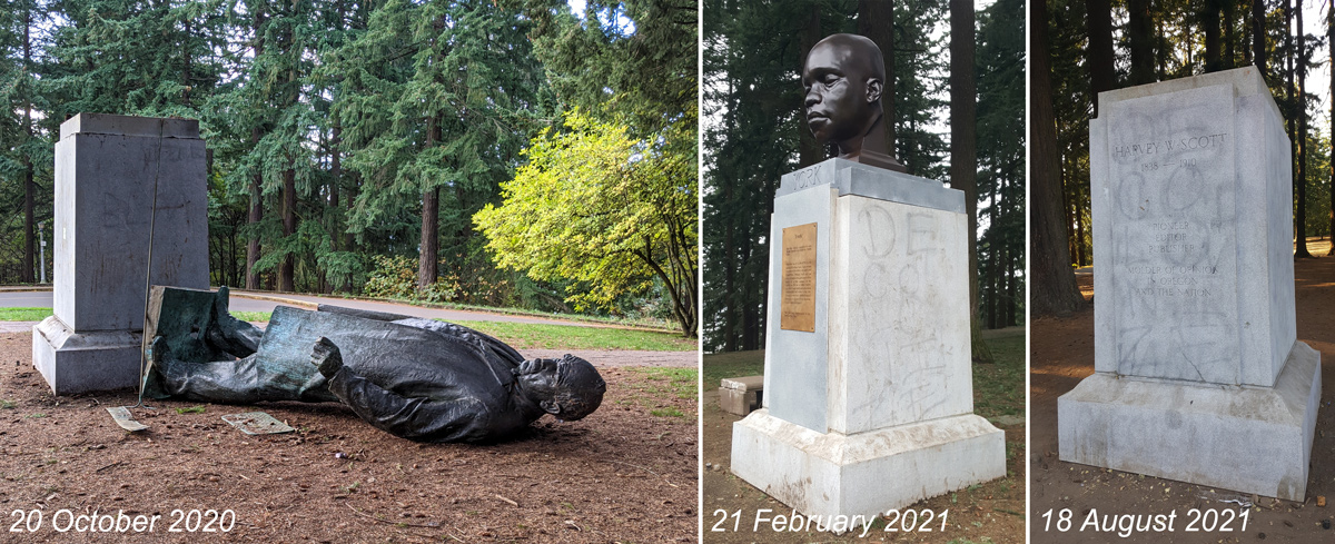 Three photos before, during, and after York's bust was installed in Mt. Tabor Park
