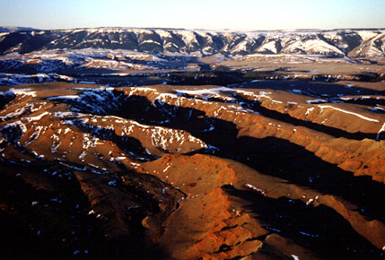 The foothills of the Pryor Mountains in a rosy winter sunrise