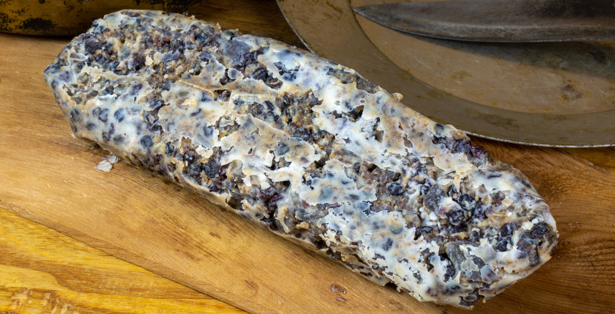 Log-shaped roll of grease and dark bits of jerky and dried fruit