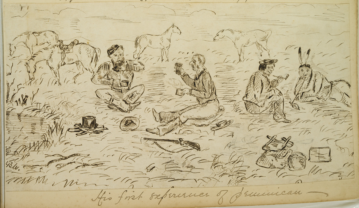 Sketch of a several traders around a campfire smiling as one man tried to eat raw pemmican