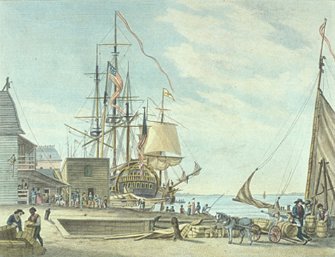 Arch Street Ferry: sailing ships docked on a wide river