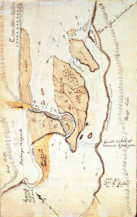 hand drawn map of a water fall with multiple channels