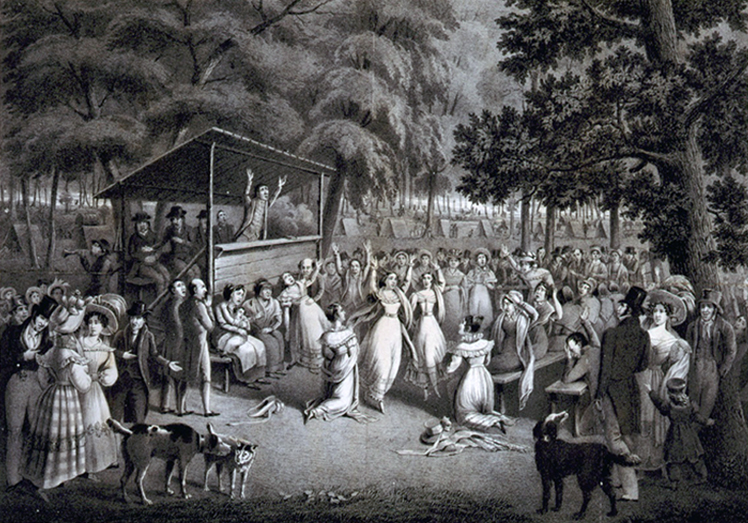 19th-century folk being moved by the spirit while the preacher preaches